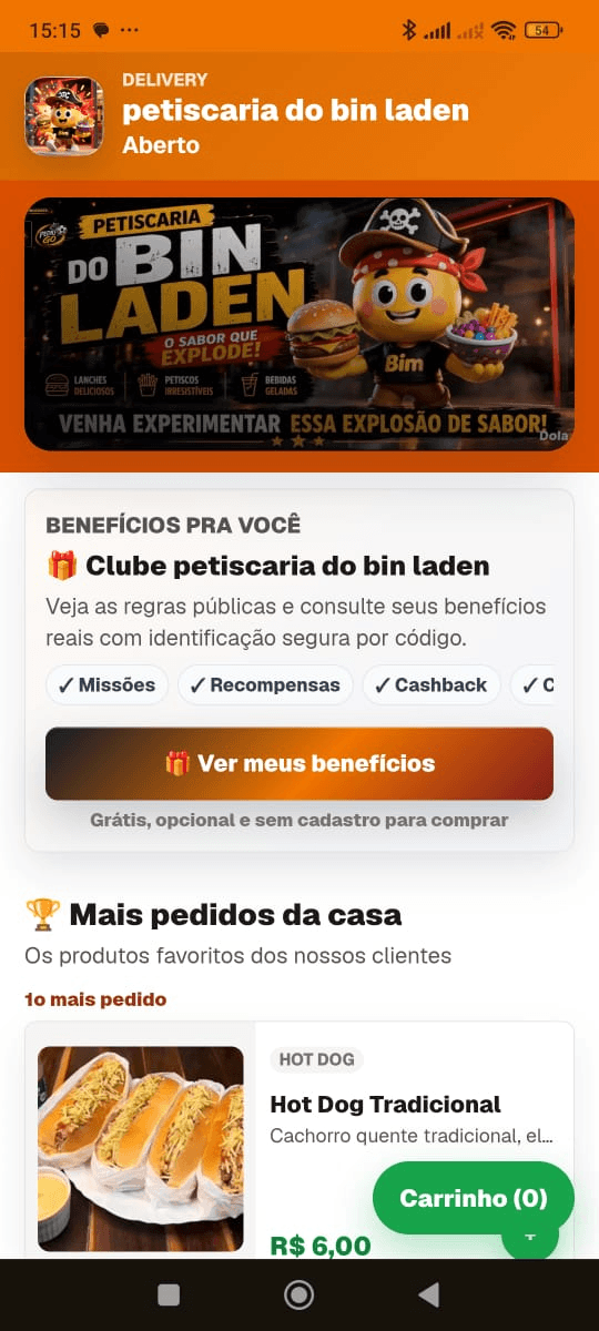 Loja online PEDIU GO com banner, Clube de Beneficios e produtos